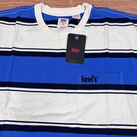 Levis Mens Oversized Striped Crewneck T-Shirt With Pocket Blue/White/Navy - Picture 11 of 16
